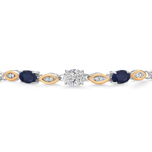 Gem Stone King 1.81 Cttw 7X5MM Oval VVS-VS Lab Grown Diamond and 6X4MM Oval Blue Sapphire 925 Silver and 10K Yellow Gold Bracelet | Adjustable Bolo Bracelet For Women | Easy-On Easy-Off