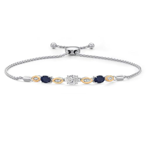 Gem Stone King 1.81 Cttw 7X5MM Oval VVS-VS Lab Grown Diamond and 6X4MM Oval Blue Sapphire 925 Silver and 10K Yellow Gold Bracelet | Adjustable Bolo Bracelet For Women | Easy-On Easy-Off