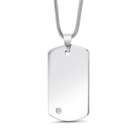 Gem Stone King Personalized Tungsten Carbide Solid Polished Dog Tag Pendant Necklace with Lab Grown Diamond - Custom Engravable, Durable and Stylish Jewelry with 24 Inch Chain