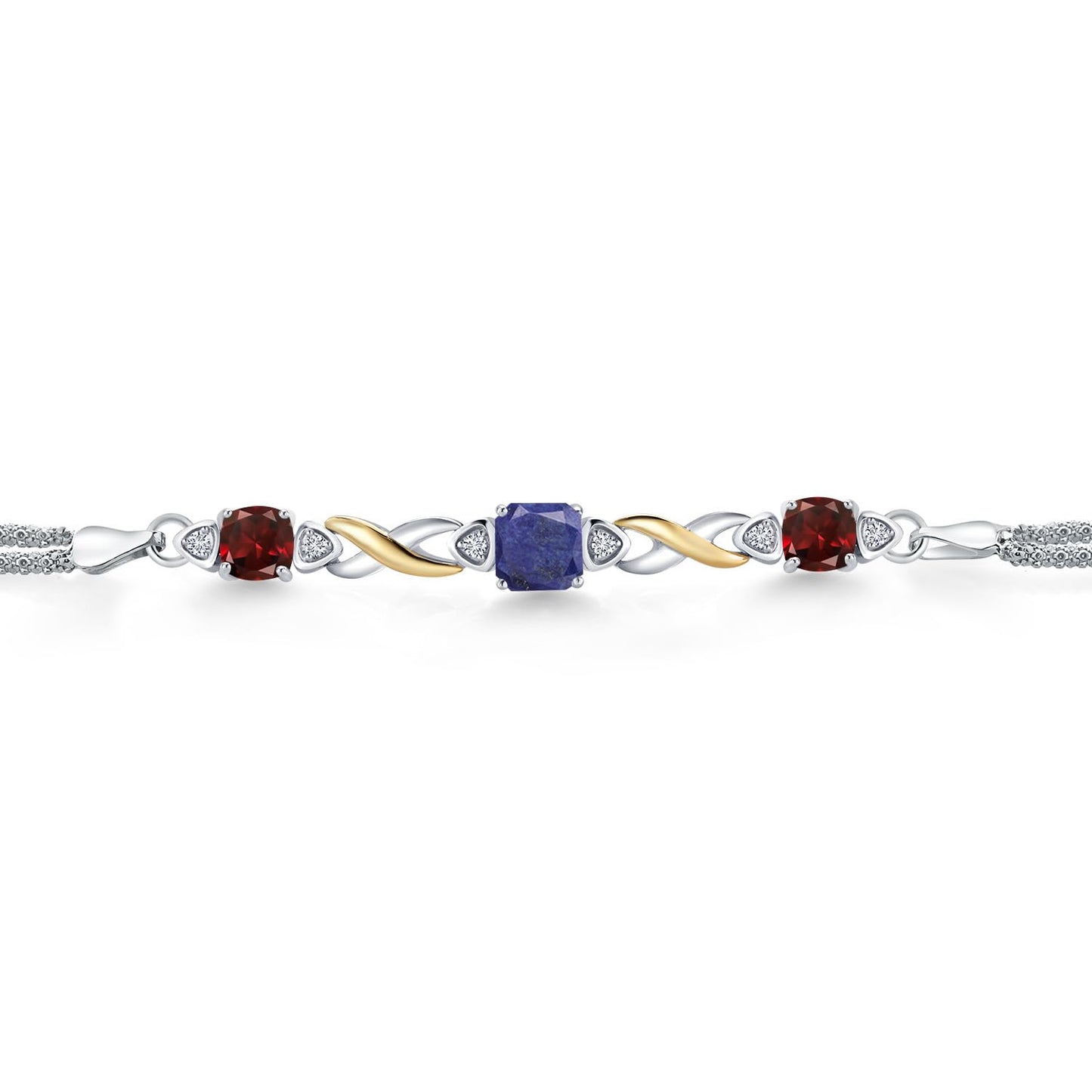 Gem Stone King 925 Silver and 10K Yellow Gold Blue Lapis and Red Garnet and White Lab Grown Diamond Bracelet For Women (2.69 Cttw, Gemstone, Cushion 6MM, 7.5 Inches, Made in Italy)