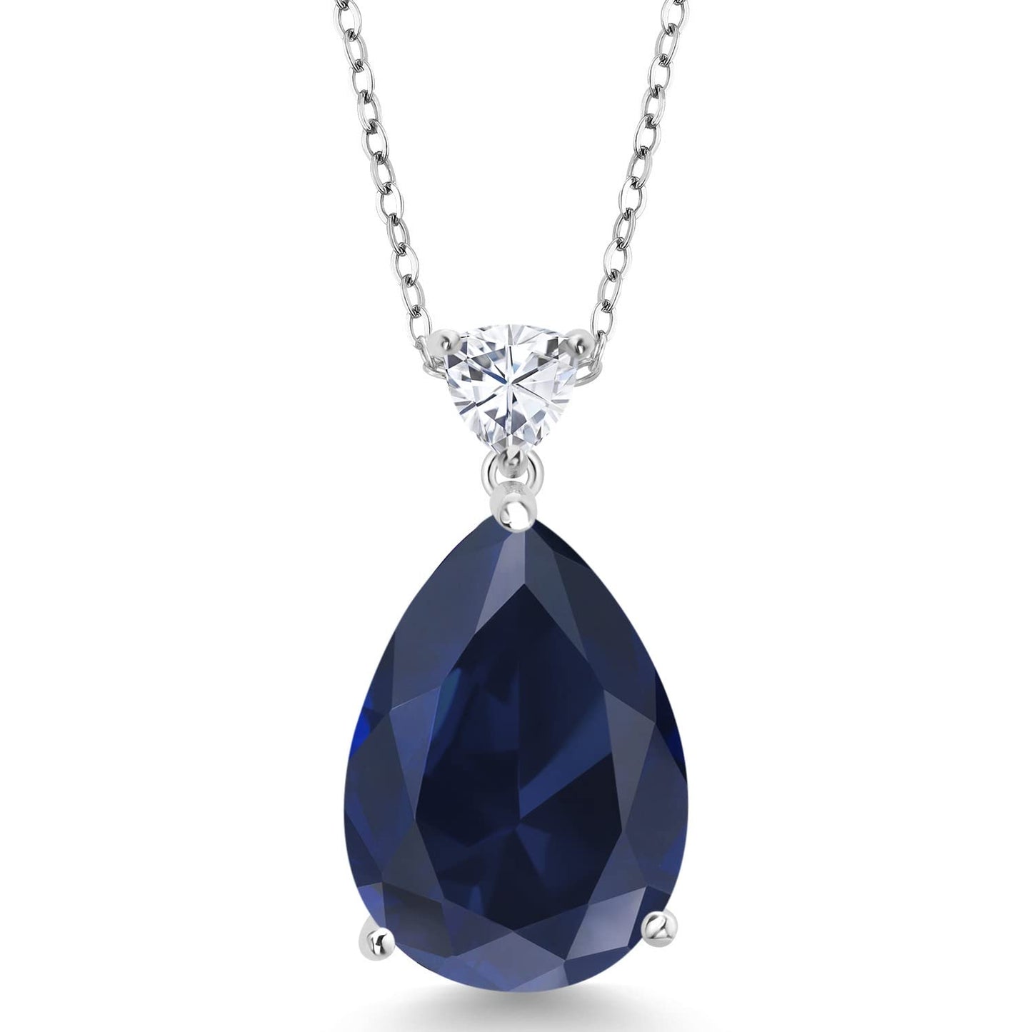 Gem Stone King 13.10 Cttw Created Blue Sapphire and White Moissanite Teardrop Pendant Necklace For Women | 925 Sterling Silver | Pear Shape 18X13MM | With 18 Inch Chain