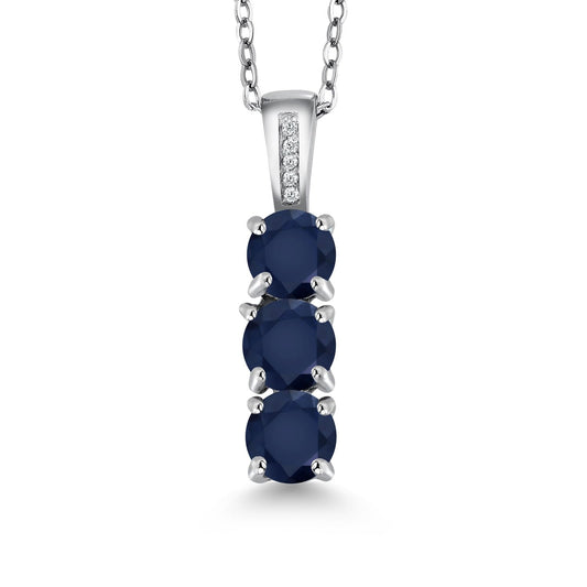 Gem Stone King 925 Sterling Silver Blue Sapphire and White Diamond Pendant Necklace For Women (1.84 Cttw, Round 5MM, with 18 Inch Silver Chain)