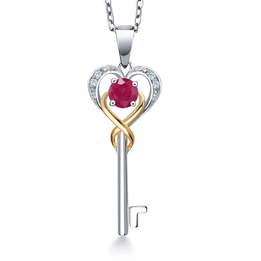 Gem Stone King Heart Key Necklace For Women | 4MM Round Gemstone Birthstone and Lab Grown Diamond | 925 Sterling Silver and 10K Yellow Gold | Love Pendant Necklace | With 18 Inch Chain