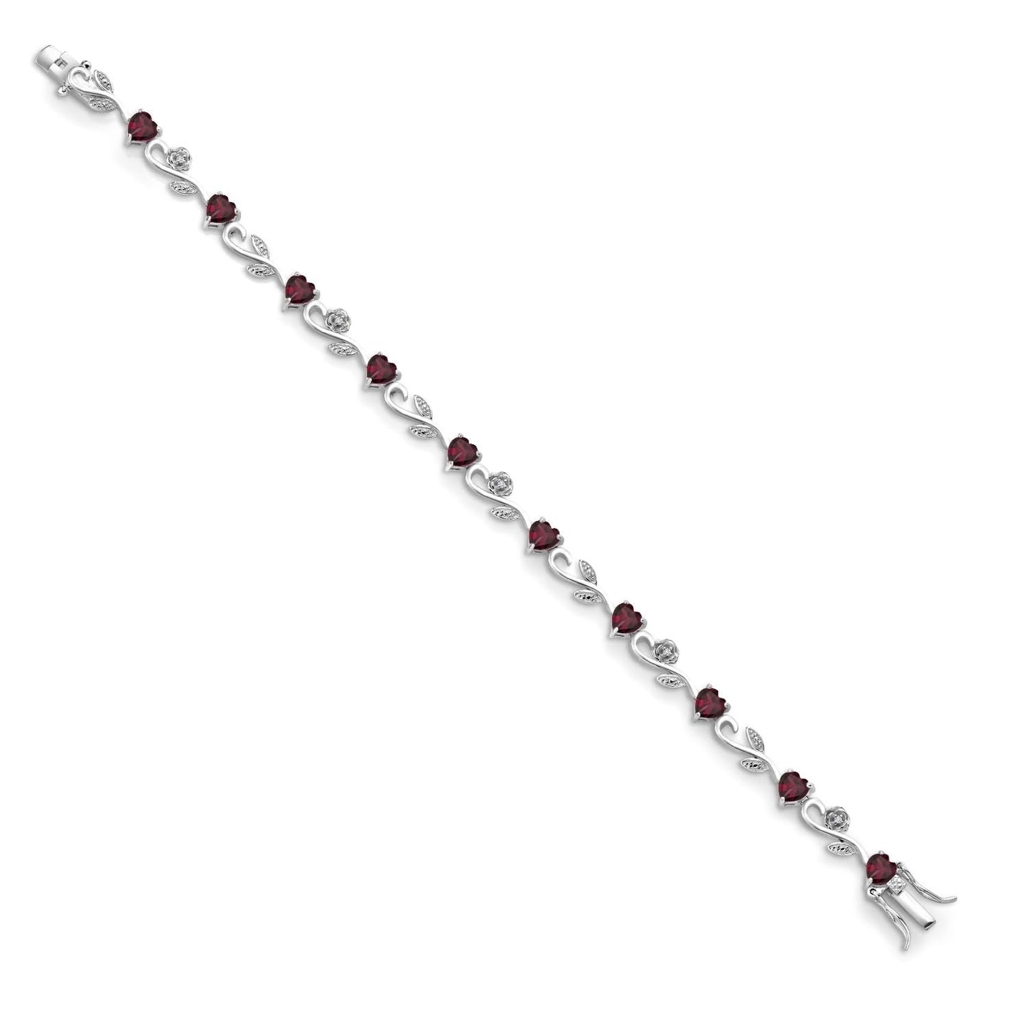 Gem Stone King 925 Sterling Silver Heart Shape Red Rhodolite Garnet and White Lab Grown Diamond Greek Vine Flower Tennis Bracelet For Women (5.54 Cttw, 7.5 Inch)