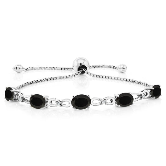 Gem Stone King 3.52 Cttw Black Onyx and White Lab Grown Diamond Tennis Bracelet For Women | 925 Sterling Silver | Gemstone December Birthstone | Oval 7x5MM | Fully Adjustable Up to 9 Inch