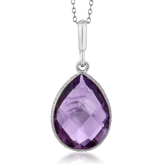 Gem Stone King 6.50 Cttw Amethyst Teardrop Pendant Necklace For Women In 925 Sterling Silver | Pear Shape 16X12MM | Gemstone Birthstone | With 18 Inch Silver Chain