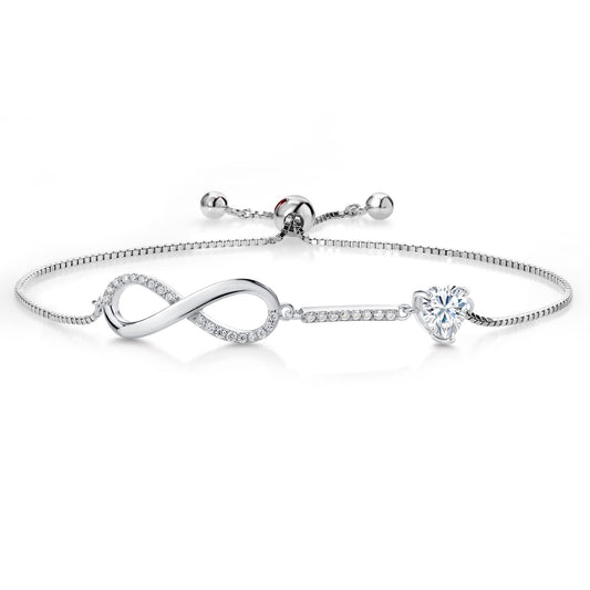 Gem Stone King 925 Sterling Silver Heart Shape 6MM Gemstone Birthstone and White Moissanite Infinity Tennis Bracelet For Women Fully Adjustable Up to 9 Inch