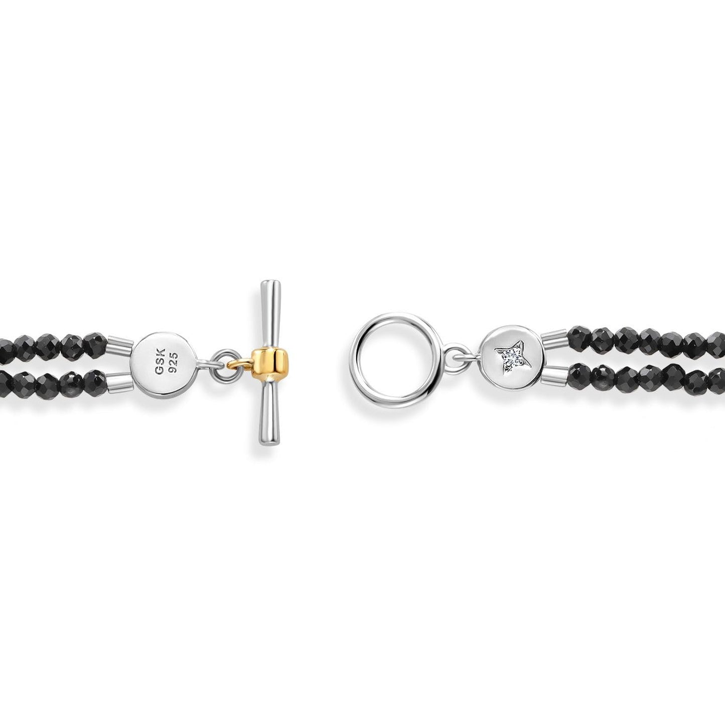 Gem Stone King 925 Silver and 10K Yellow Gold Lab Grown Diamond and Black Spinel Double Line Bead Bracelet For Women (6.5 or 7.5 Inches, with Toggle Clasp)