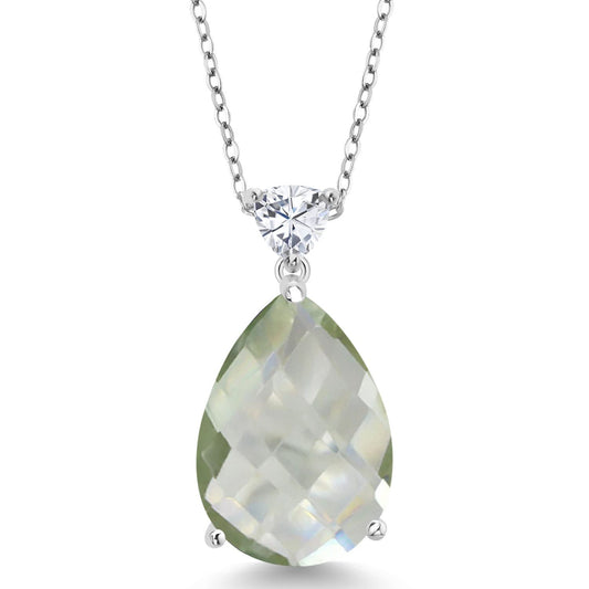 Gem Stone King 925 Sterling Silver Pear Shape Green Prasiolite and White Moissanite Pendant Necklace For Women (10.02 Cttw, with 18 inch Chain)