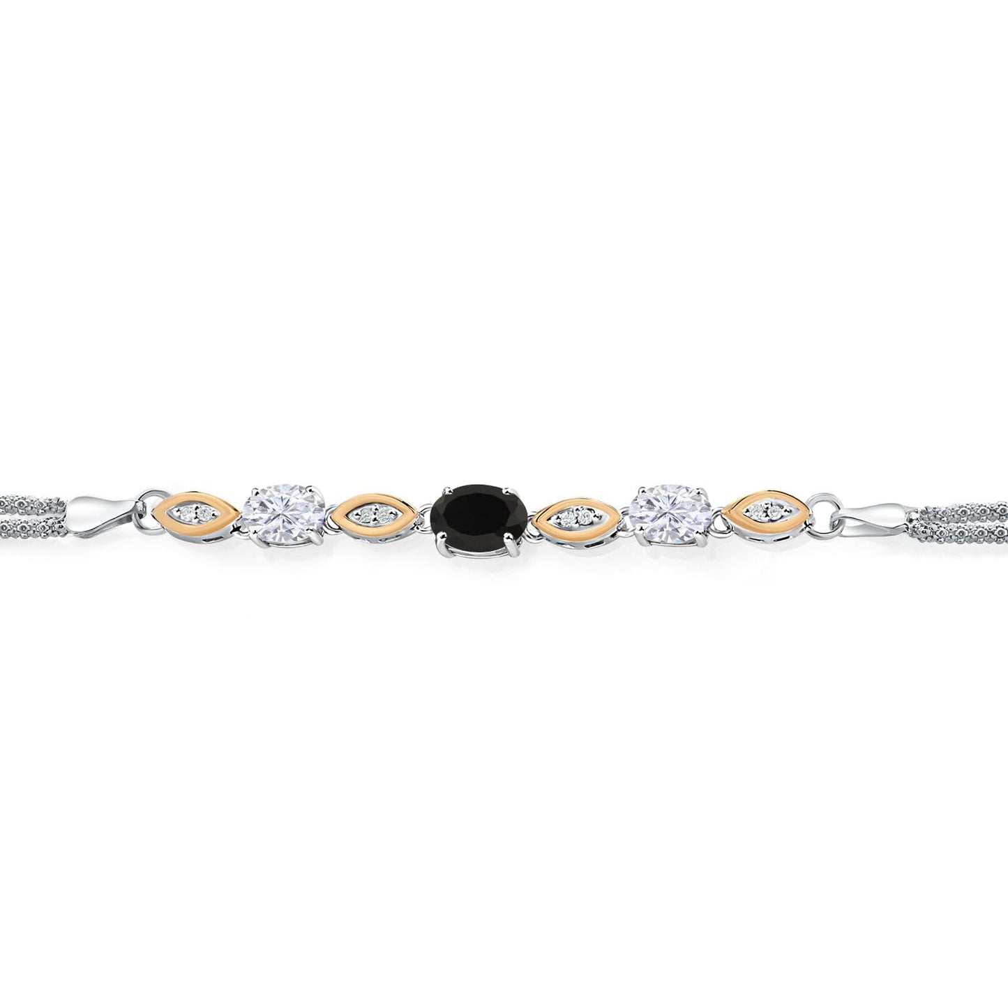 Gem Stone King 925 Silver and 10K Yellow Gold Black Onyx White Moissanite and White Lab Grown Diamond Bracelet For Women (1.76 Cttw, Gemstone Birthstone, Oval, Wheat Chain, 6.5/7/7.5 Inches)