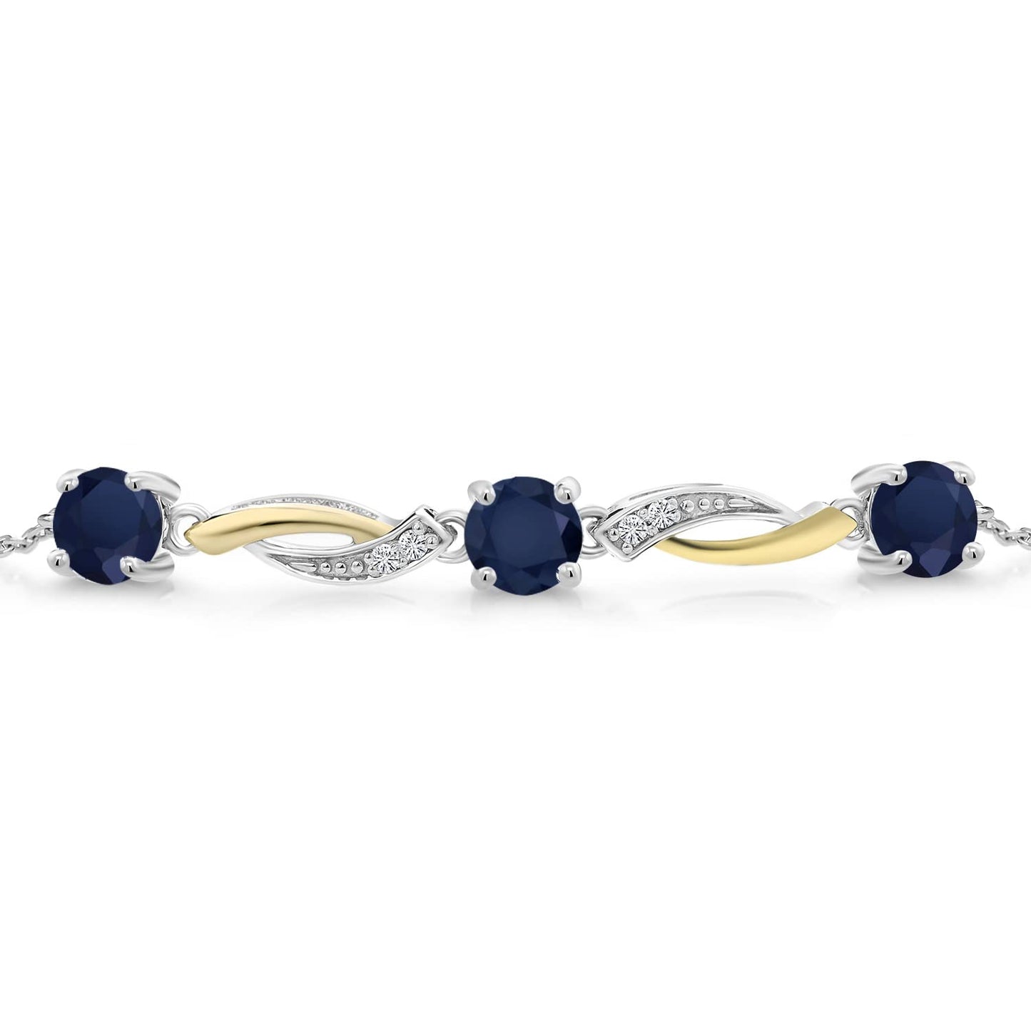 Gem Stone King 925 Sterling Silver and 10K Yellow Gold Blue Sapphire and White Lab Grown Diamond Women Tennis Bracelet (1.84 Cttw, Gemstone Birthstone, Round 5MM)