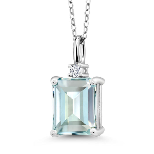 Gem Stone King 925 Silver Sky Blue Simulated Aquamarine and White Lab Grown Diamond Pendant Necklace For Women (4.27 Cttw, Gemstone Birthstone, Emerald Cut 10X8MM with 18 Inch Silver Chain)