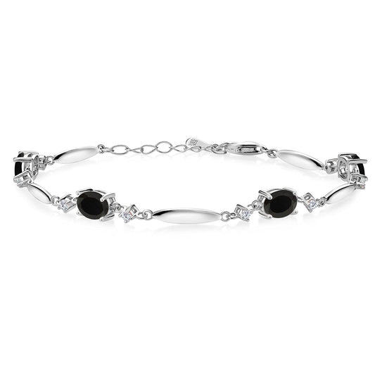 Gem Stone King 3.10 Cttw Black Onyx and White Moissanite Tennis Bracelet For Women In 925 Sterling Silver | Gemstone December Birthstone | Oval 7X5MM | 6 Inch + 1 Inch Extender