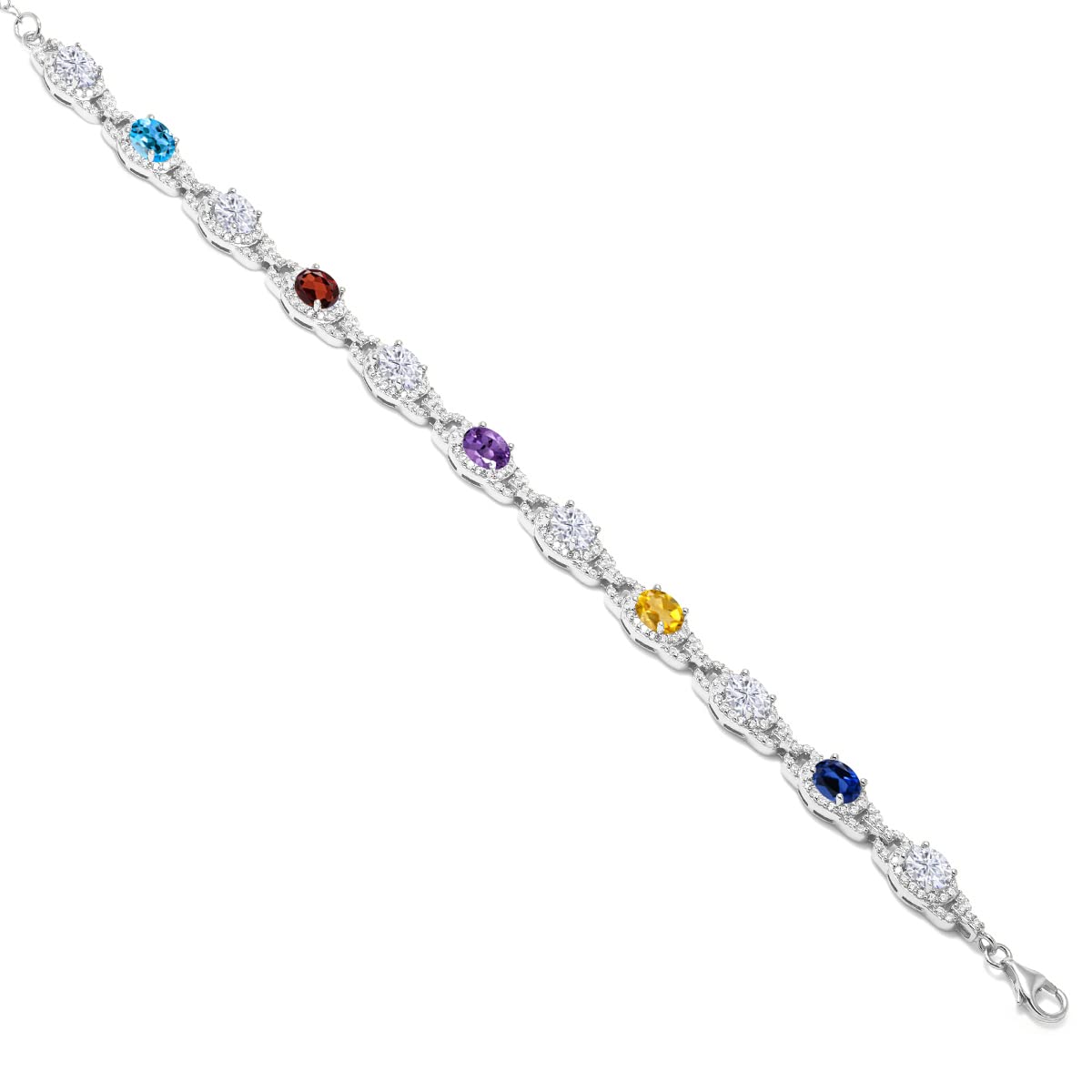 Gem Stone King 925 Sterling Silver Customized and Personalized 5 Stone Gemstone Birthstone Selection and 6 Stone White Created Moissanite Tennis Bracelet For Women (7 Inch with 1 Inch Extender)