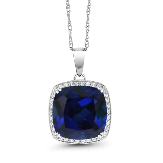 Gem Stone King Solid 10K Gold 12MM Cushion Cut Gemstone Birthstone and White Created Sapphire Halo Pendant Necklace | Gold Necklace For Women | With 18 Inch Gold Chain