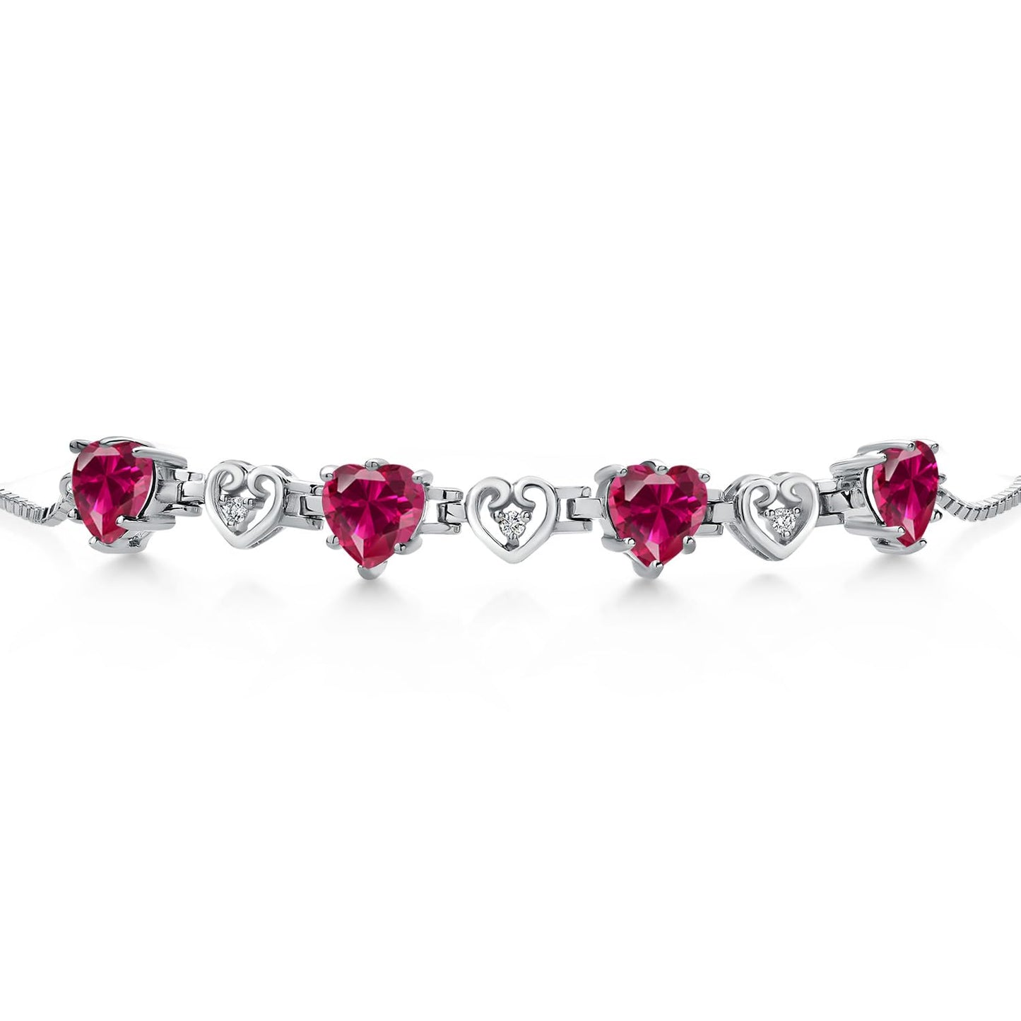 Gem Stone King 925 Sterling Silver Red Created Ruby and White Lab Grown Diamond Bracelet For Women (3.88 Cttw, Heart Shape 6MM, Fully Adjustable Up to 9 Inches)