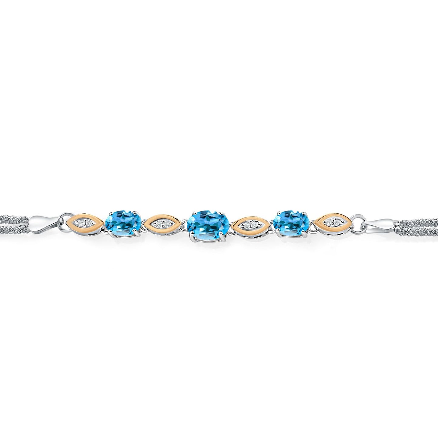 Gem Stone King 925 Silver and 10K Yellow Gold Swiss Blue Topaz and White Lab Grown Diamond Bracelet For Women (2.16 Cttw, Gemstone November Birthstone, Oval, Wheat Chain, 7 Inches)