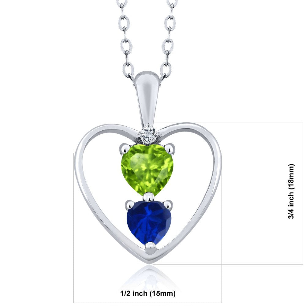 Gem Stone King 925 Sterling Silver Green Peridot Blue Created Sapphire and White Topaz Pendant Necklace For Women (0.90 Cttw, Gemstone August Birthstone, Heart 5MM and 4MM, with 18 Inch Silver Chain)