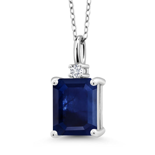 Gem Stone King 925 Silver Blue Sapphire and White Lab Grown Diamond Pendant Necklace For Women (3.49 Cttw, Gemstone September Birthstone, Emerald Cut 10X8MM with 18 Inch Silver Chain)