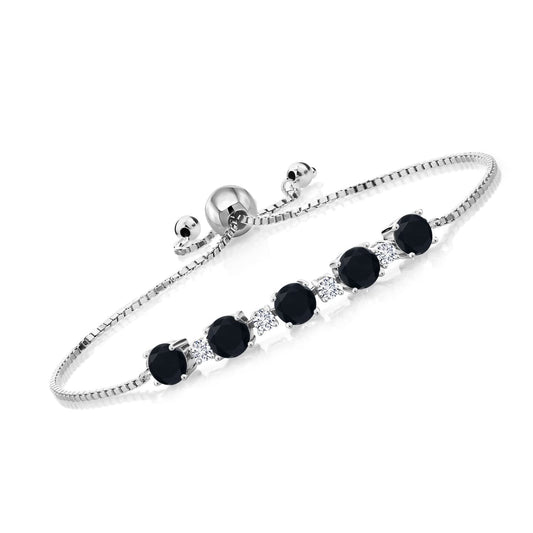 Gem Stone King 925 Sterling Silver Round Black Onyx and White Lab Grown Diamond Tennis Bracelet For Women (2.64 Cttw, Gemstone Birthstone, Fully Adjustable Up to 9 Inch)