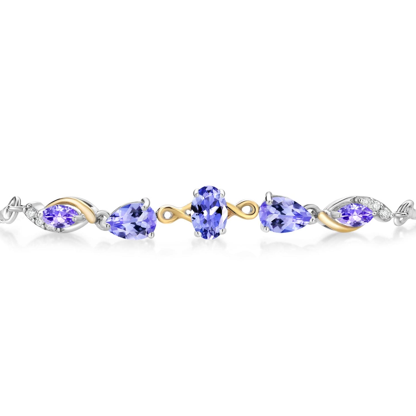 Gem Stone King 925 Sterling Silver and 10K Yellow Gold Blue Tanzanite and White Lab Grown Diamond Tennis Bracelet For Women (1.64 Cttw, Gemstone Birthstone, Fully Adjustable Up to 9 Inch)