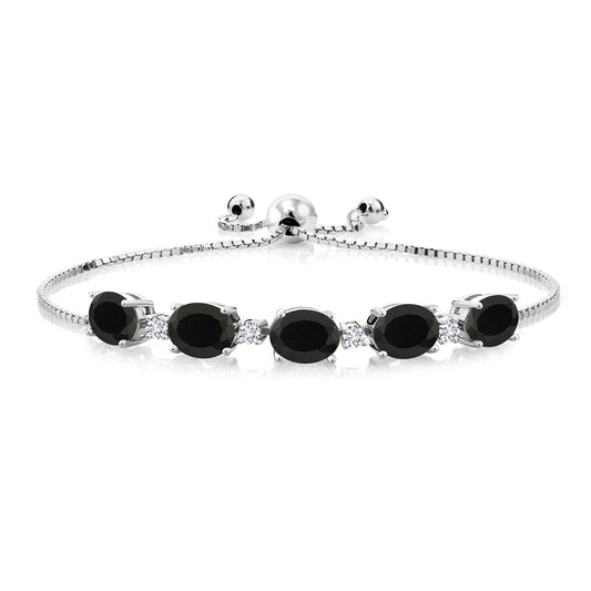 Gem Stone King 925 Sterling Silver Black Onyx and White Lab Grown Diamond Tennis Bracelet For Women (8.26 Cttw, Gemstone Birthstone, Oval 8X6MM, Fully Adjustable Up to 9 Inch)