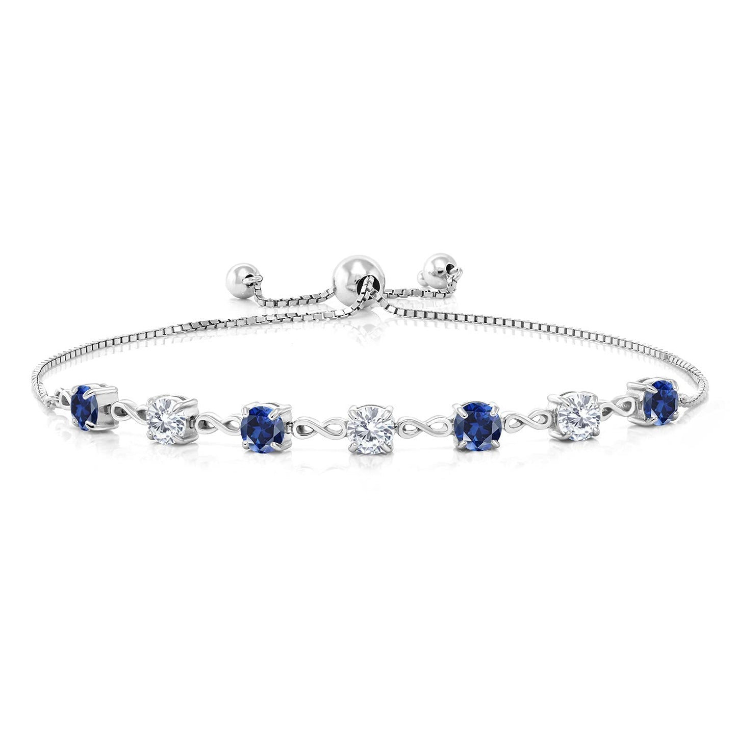 Gem Stone King 925 Sterling Silver Round Blue Created Sapphire and White Moissanite Tennis Bracelet For Women (2.39 Cttw, Gemstone September Birthstone, Round 4.5MM, Fully Adjustable Up to 9 Inch)