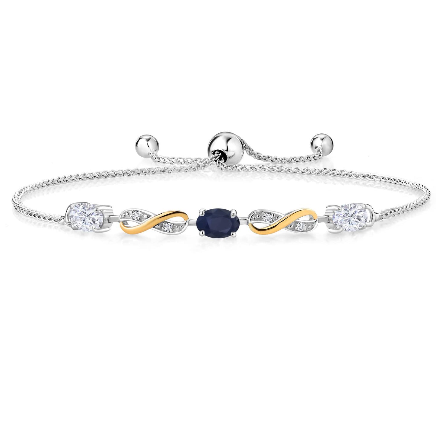 Gem Stone King 2 Tone 925 Sterling Silver and 10K Yellow Gold Blue Sapphire White Moissanite and Lab Grown Diamond Tennis Bracelet For Women (1.59 Cttw, Fully Adjustable Up to 9 Inch)