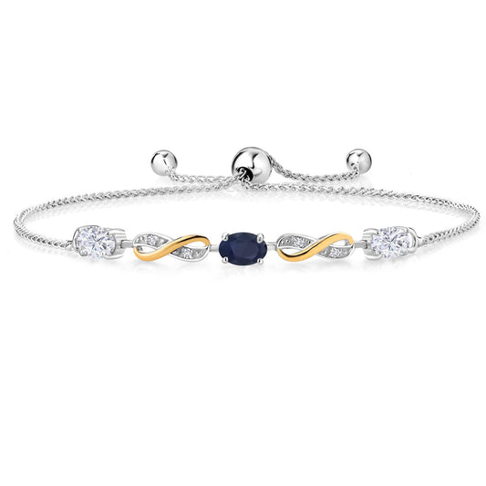 Gem Stone King 2 Tone 925 Sterling Silver and 10K Yellow Gold Blue Sapphire White Moissanite and Lab Grown Diamond Tennis Bracelet For Women (1.59 Cttw, Fully Adjustable Up to 9 Inch)