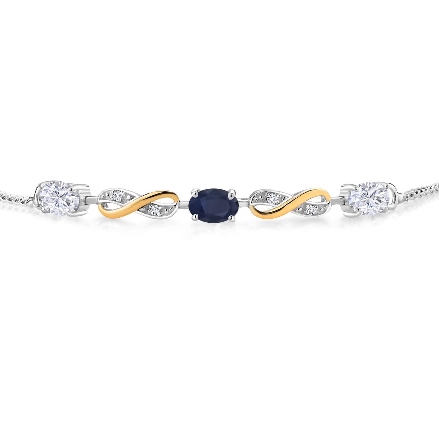 Gem Stone King 2 Tone 925 Sterling Silver and 10K Yellow Gold Blue Sapphire White Moissanite and Lab Grown Diamond Tennis Bracelet For Women (1.59 Cttw, Fully Adjustable Up to 9 Inch)