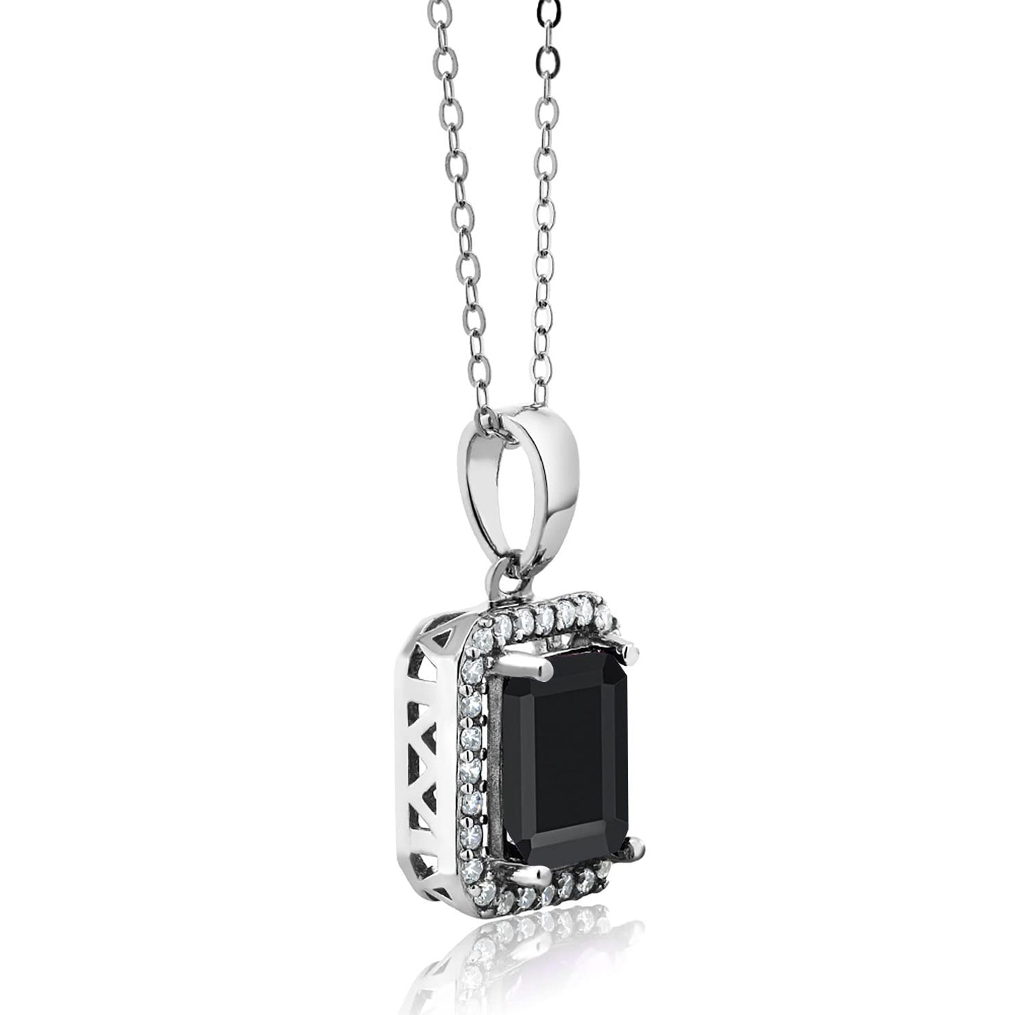 Gem Stone King 9X7MM Emerald Cut Gemstone Birthstone and White Moissanite Halo Pendant Necklace For Women | 925 Sterling Silver | With 18 Inch Silver Chain