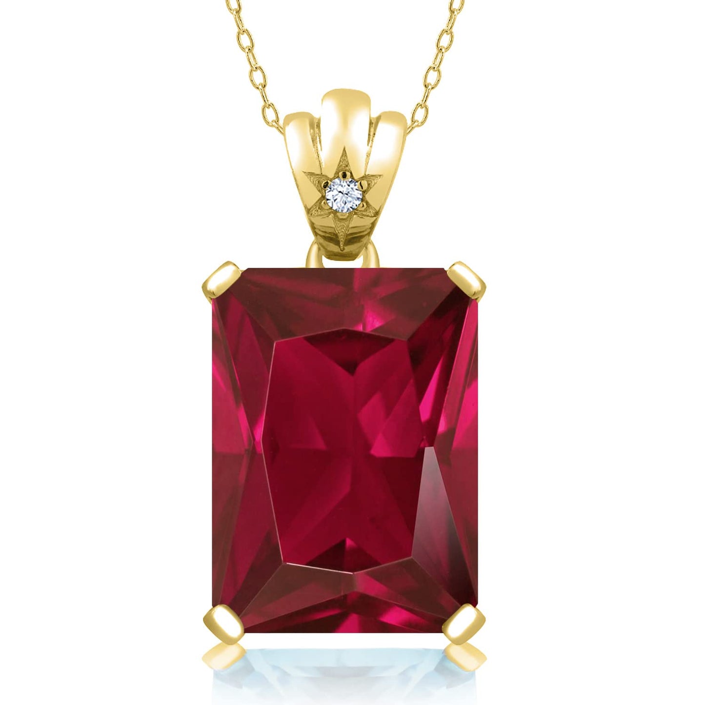 Gem Stone King 18K Yellow Gold Plated Silver Red Created Ruby Pendant Necklace For Women (20.05 Cttw, Emerald Cut 18X13MM, with 18 Inch Silver Chain)