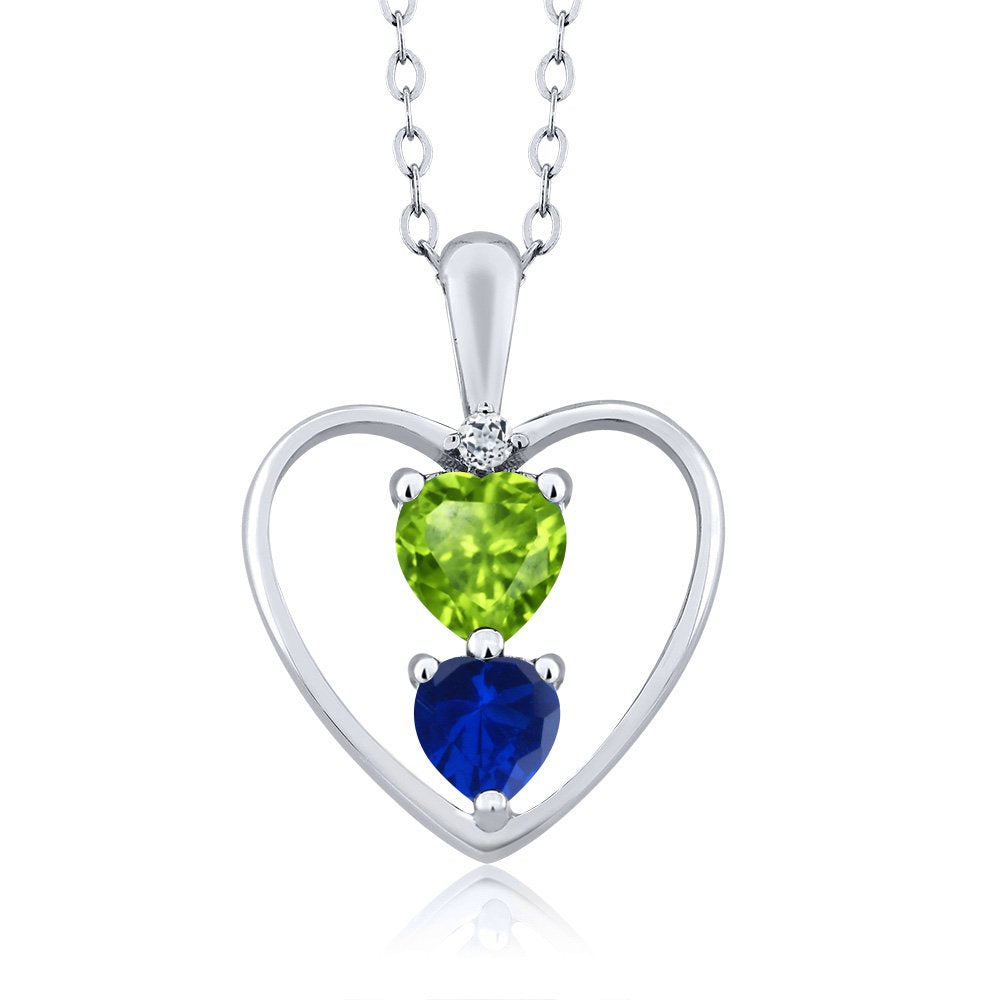 Gem Stone King 925 Sterling Silver Green Peridot Blue Created Sapphire and White Topaz Pendant Necklace For Women (0.90 Cttw, Gemstone August Birthstone, Heart 5MM and 4MM, with 18 Inch Silver Chain)