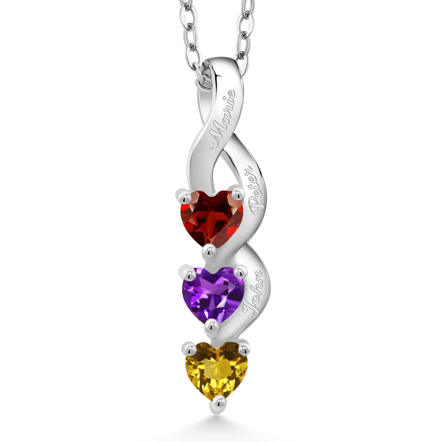 Gem Stone King 925 Sterling Silver 4MM Heart Gemstone Birthstone Three Stone Pendant Necklace For Women with 18 Inch Silver Chain