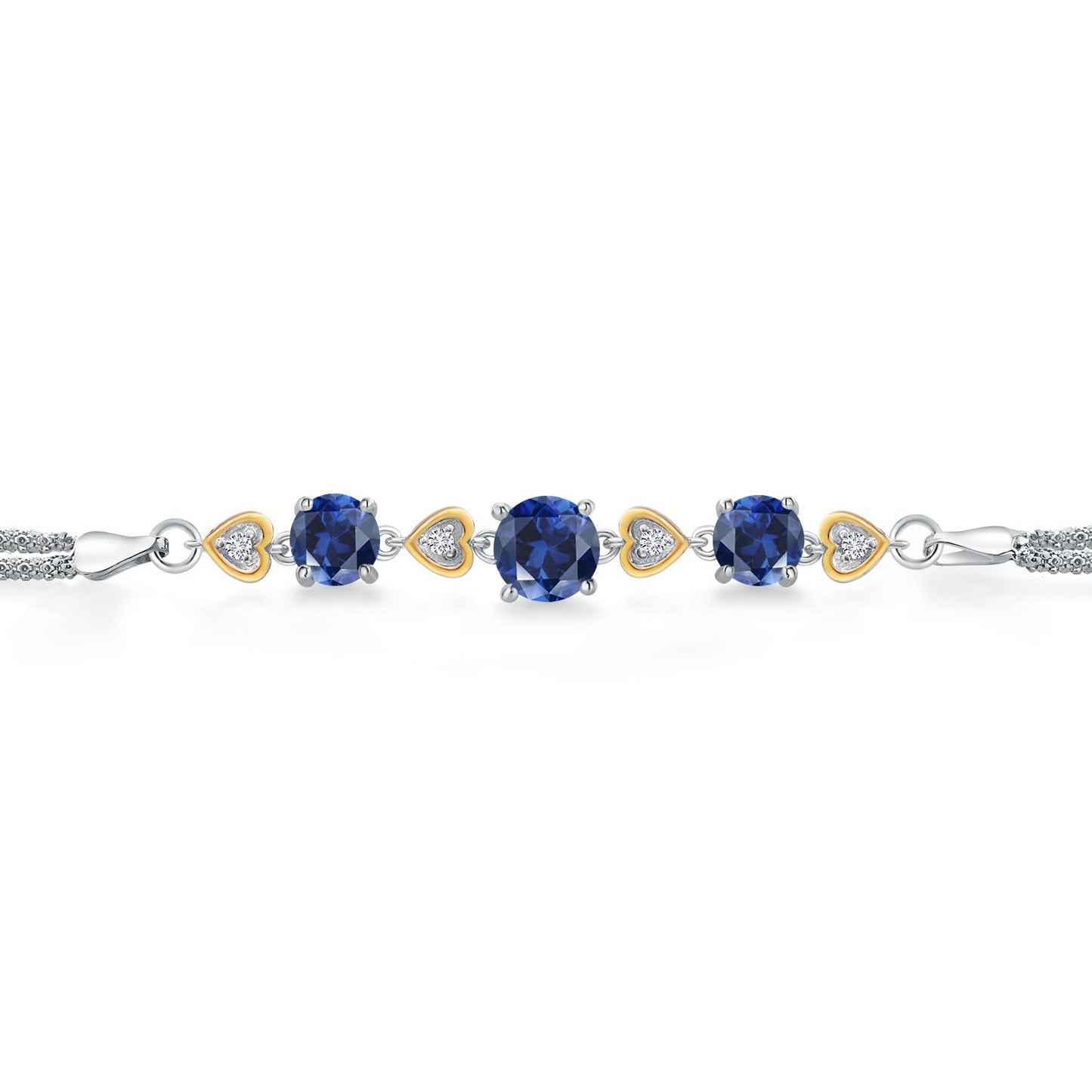 Gem Stone King 925 Sterling Silver and 10k Yellow Gold Blue Created Sapphire and White Lab Grown Diamond Bracelet For Women (3.68 Cttw, Round 7MM and 6MM, 6.5/7/7.5 Inch, Made In Italy)