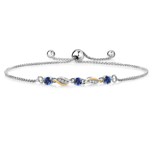 Gem Stone King 925 Sterling Silver and 10K Yellow Gold Blue Created Sapphire and White Lab Grown Diamond Tennis Bracelet For Women (0.46 Cttw, Fully Adjustable Up to 9 Inch)