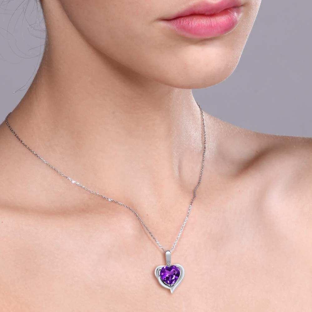 Gem Stone King 925 Sterling Silver Purple Amethyst and White Diamond Heart Shape Pendant Necklace For Women (1.42 Cttw, Heart 8MM, Gemstone February Birthstone, with 18 Inch Chain)