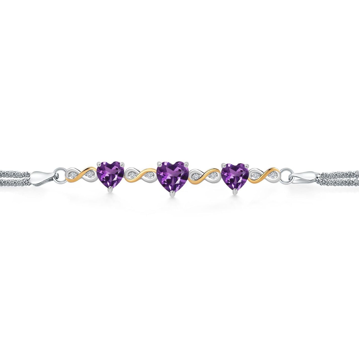 Gem Stone King 925 Sterling Silver and 10k Yellow Gold Purple Amethyst and White Lab Grown Diamond Bracelet For Women (2.58 Cttw, Heart 7MM and 6MM, 6.5/7/7.5 Inch, Made In Italy)