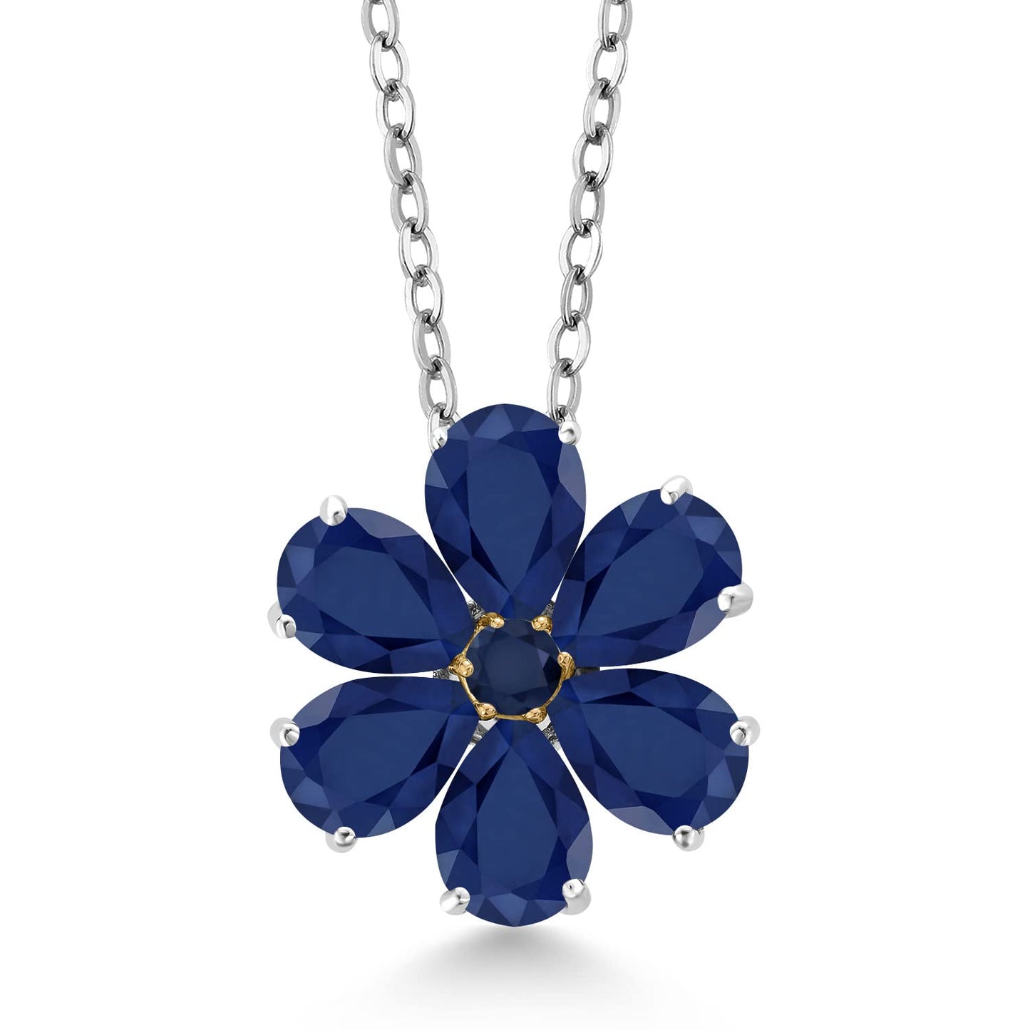 Gem Stone King 925 Sterling Silver and 10K Yellow Gold Blue Sapphire Pear Shape Flower Pendant Necklace For Women (3.06 Cttw, 6X4MM, Gemstone Birthstone, with 18 Inch Chain)