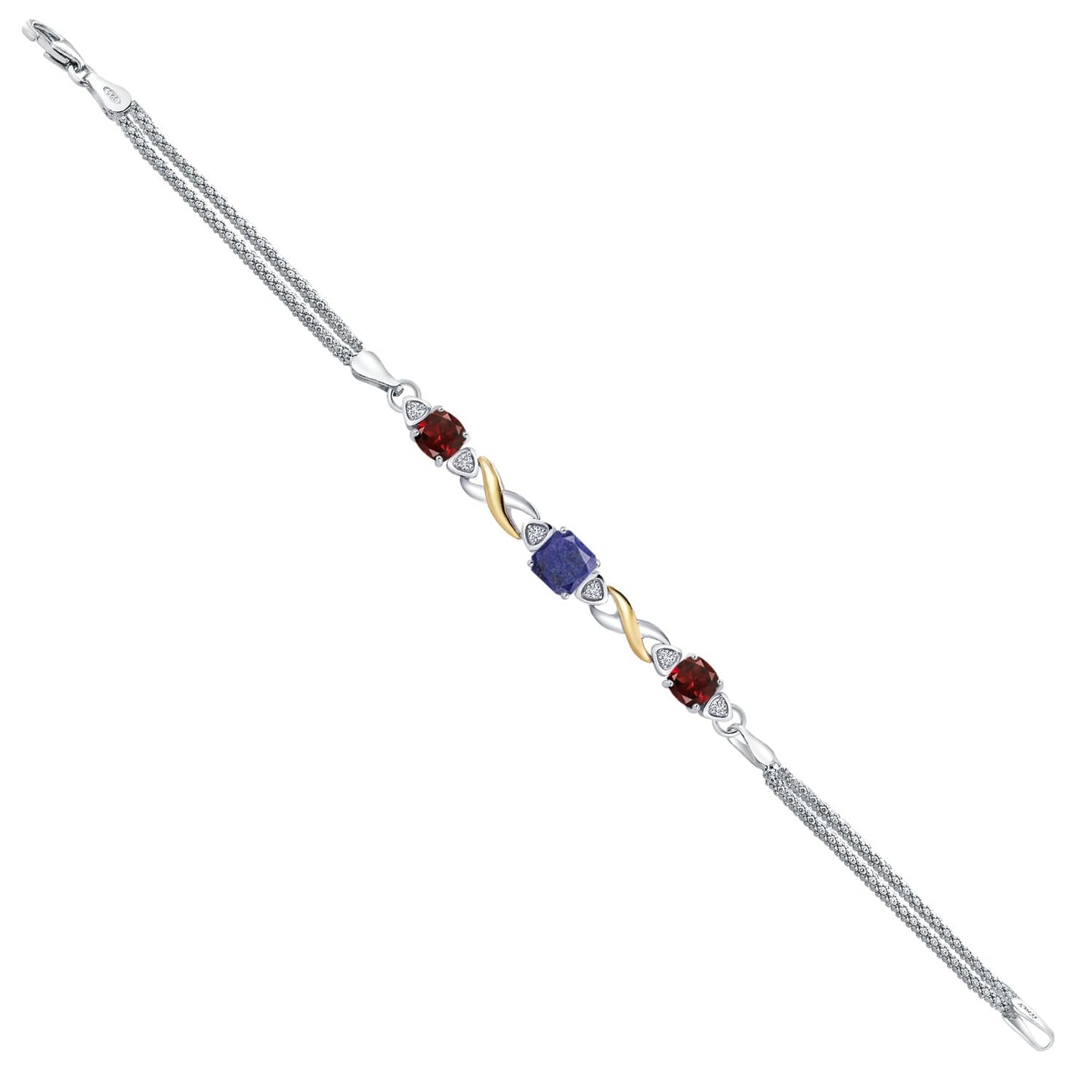 Gem Stone King 925 Silver and 10K Yellow Gold Blue Lapis and Red Garnet and White Lab Grown Diamond Bracelet For Women (2.69 Cttw, Gemstone, Cushion 6MM, 7.5 Inches, Made in Italy)