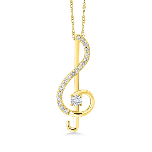 Gem Stone King 10K Gold 3MM Round Gemstone Birthstone and White Lab Grown Diamond Treble Clef Pendant Necklace Music Note Jewelry Gift For Women By Keren Hanan