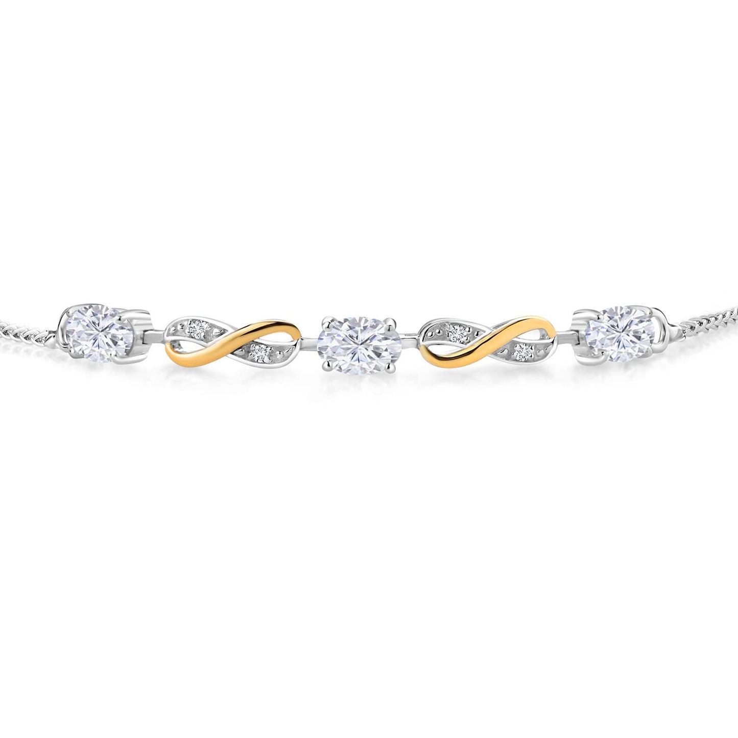 Gem Stone King 1.53 Cttw White Moissanite and White Lab Grown Diamond Tennis Bracelet For Women In 925 Sterling Silver and 10K Yellow Gold | Oval 6X4MM | Fully Adjustable Up to 9 Inches