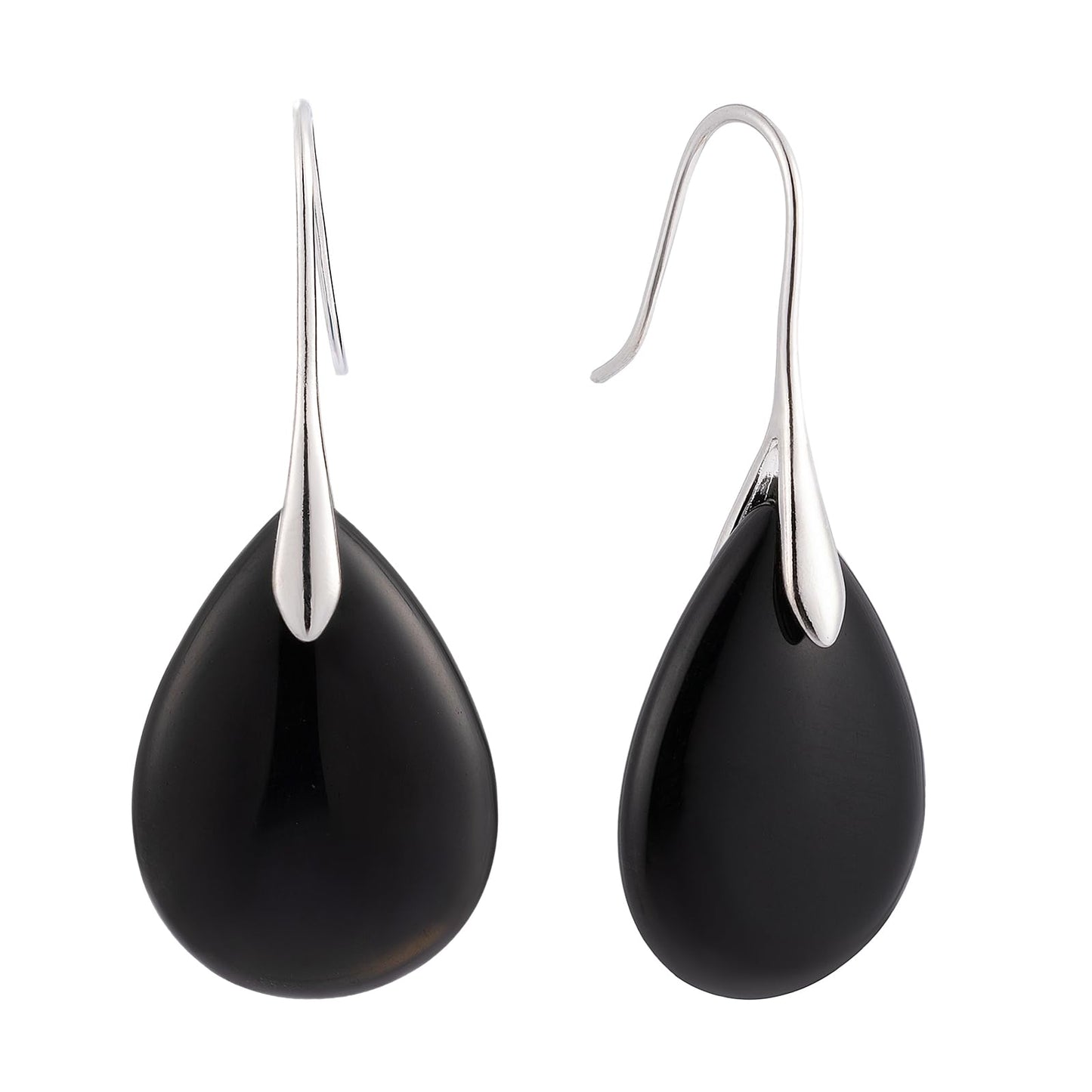 SELOVO Black Agate Stone Teardrop Fishhook Dangle Drop Earrings Silver Tone