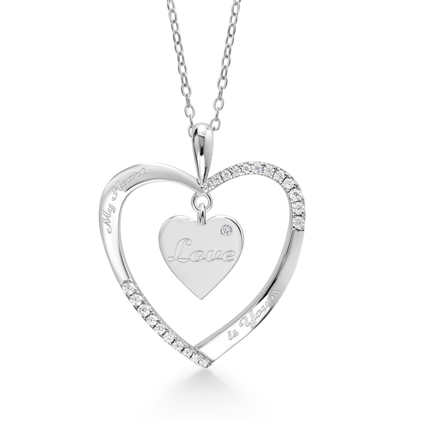 Gem Stone King 925 Sterling Silver Personalized Name Engraved Lab Grown Diamond Heart Pendant Necklace with Dangling Love Heart Charm and White Moissanite For Women and 18 Inch Chain