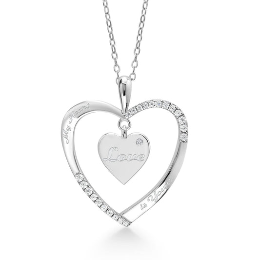 Gem Stone King 925 Sterling Silver Personalized Name Engraved Lab Grown Diamond Heart Pendant Necklace with Dangling Love Heart Charm and White Moissanite For Women and 18 Inch Chain