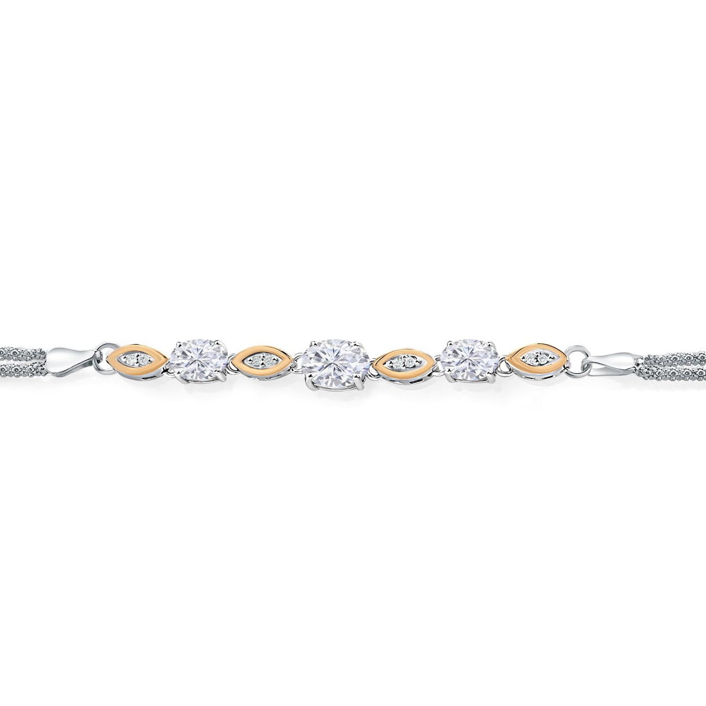 Gem Stone King 925 Silver and 10K Yellow Gold White Moissanite and White Lab Grown Diamond Bracelet For Women (1.96 Cttw, Gemstone, Oval, Wheat Chain, 7 Inches)