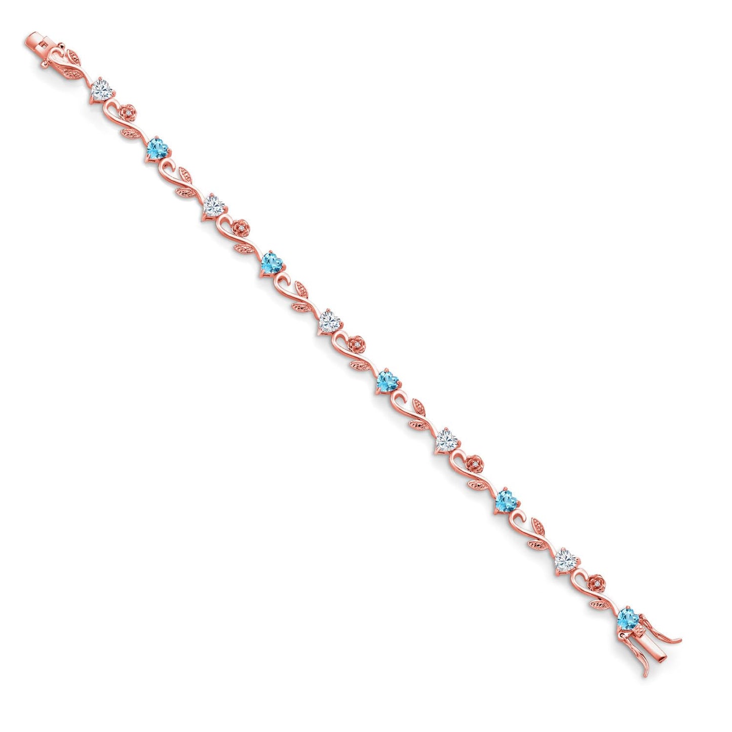 Gem Stone King 18K Rose Gold Plated Silver Customized and Personalized 5MM Heart Shape Gemstone Birthstone and White Lab Grown Diamond Greek Vine Flower Tennis Bracelet For Women (7.5 Inch)