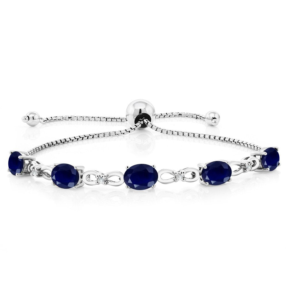 Gem Stone King 925 Sterling Silver Blue Sapphire and White Lab Grown Diamond Tennis Bracelet For Women (5.10 Cttw, Gemstone September Birthstone, Oval 7x5MM, Fully Adjustable Up to 9 Inch)