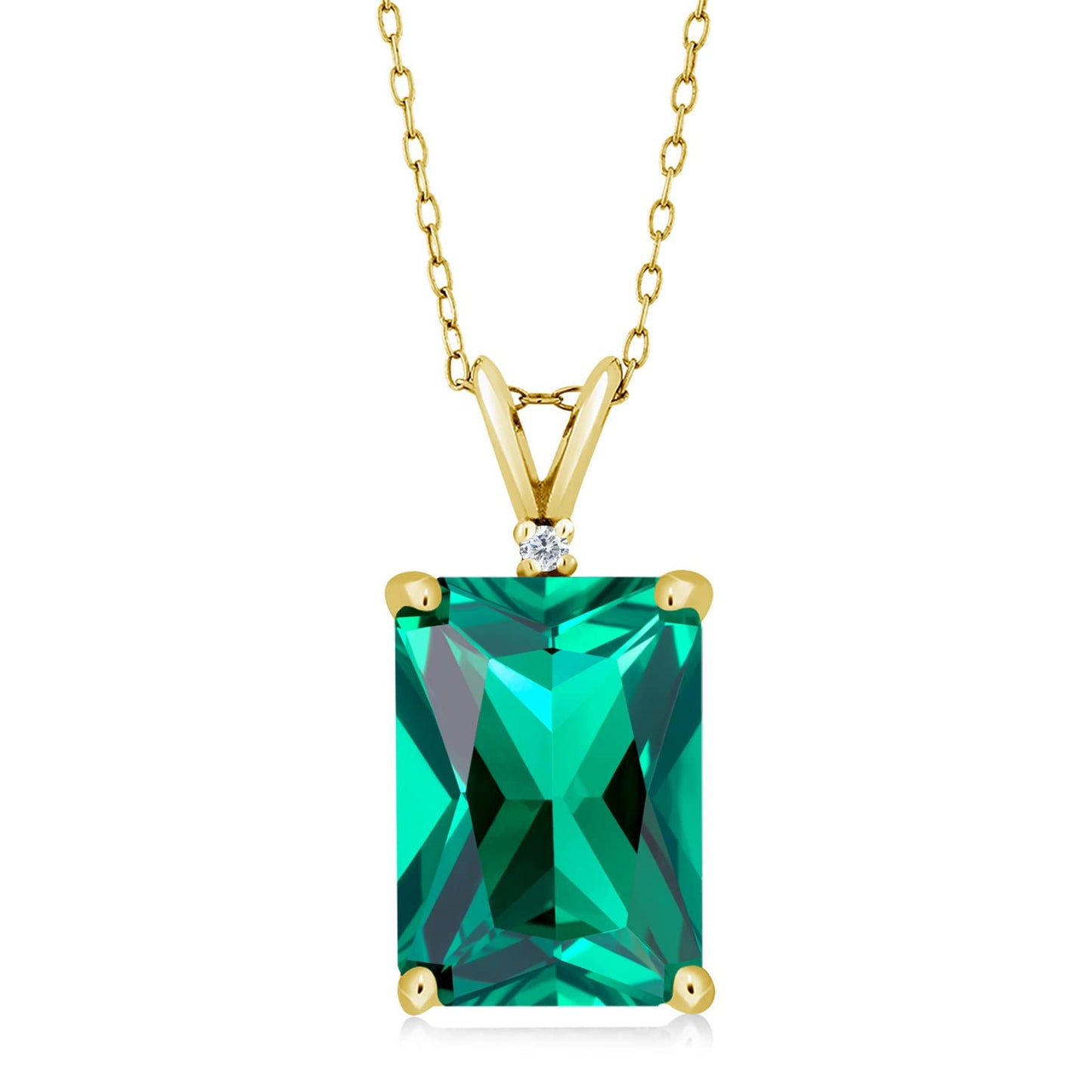 Gem Stone King 18K Yellow Gold Plated Silver Green Nano Emerald and White Diamond Pendant Necklace For Women (6.52 Cttw, Gemstone May Birthstone, Emerald Cut 14X10MM, with 18 Inch Silver Chain)