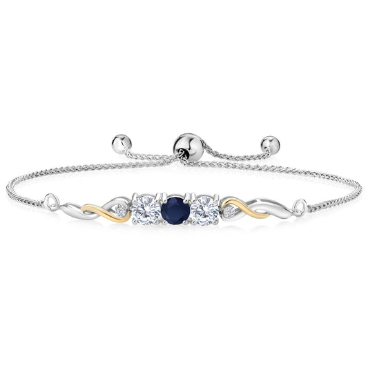 925 Sterling Silver and 10K Yellow Gold Blue Sapphire White Moissanite and White Lab Grown Diamond Tennis Bracelet For Women (1.62 Cttw, Gemstone September Birthstone, Fully Adjustable Up to 9 Inch)